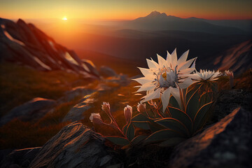 Isolated rare and protected wild flower edelweiss flower (Leontopodium alpinum) growing in natural environment high up in the mountains