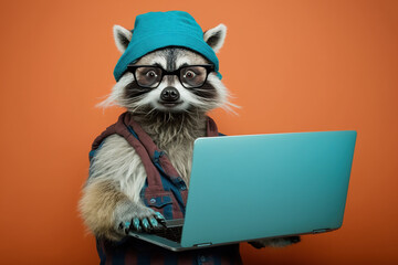 Studio photo portrait of a happy raccoon in hipster clothes, concept of Hipster Style and Animal Portrai - obrazy, fototapety, plakaty