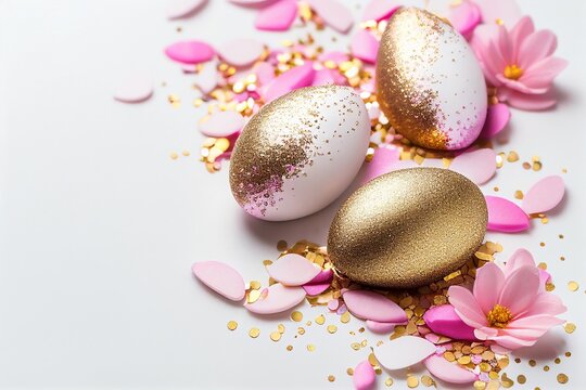 White and gold painted Easter eggs on white background with copy space and pink flowers decoration. Illustration AI