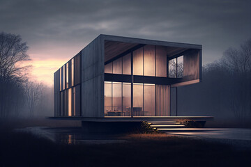 Modern house exterior design. Beautiful contemporary house at sunset. Illustration AI
