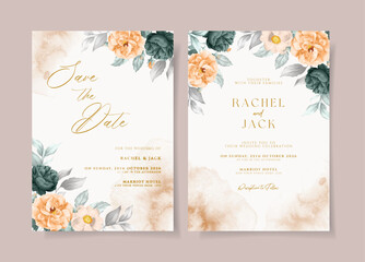 Watercolor wedding invitation template set with beautiful emerald and orange floral and leaves decoration