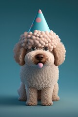 Cute Cartoon Birthday Golden Doodle on a Blue Background Wearing a Part Hat (Created with Generative AI)