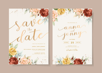 Obraz na płótnie Canvas Wedding invitation template set with beautiful floral and leaves decoration