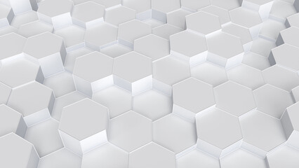 Abstract background from random white hexagons. Abstract honeycomb background. Lightweight, minimal, hex grid. 3D rendering