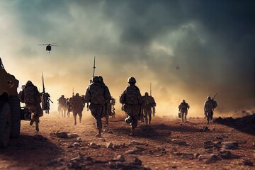 Fototapeta na wymiar Military and helicopter troops on the way to the battlefield. Generative AI