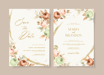 Boho wedding invitation template set with romantic dried floral and leaves decoration