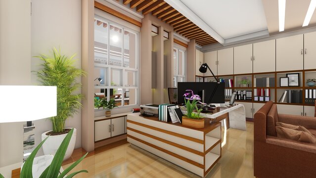 CEO office brown interior with bookshelves, modern style. 3d renders