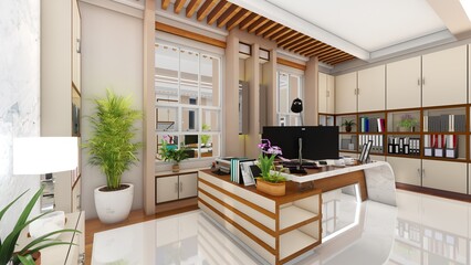 Obraz premium CEO office brown interior with bookshelves, modern style. 3d renders