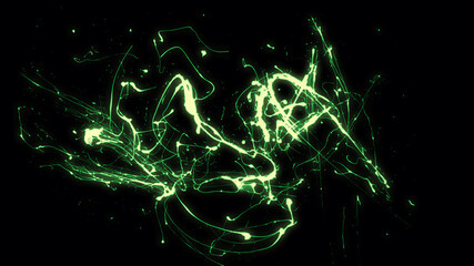 A digital illustration of an abstract background with neon green splatter on a black background.