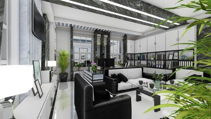 Black and white interior of CEO office with bookshelves, modern style. 3d rendering