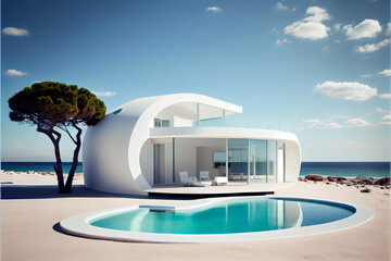 Beautiful contemporary residential villa with modern architecture, swimming pool and sea view. Generative AI illustration