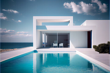 Fototapeta na wymiar Wonderful residential villa with minimalist modern architecture, swimming pool and sea view. Generative AI illustration