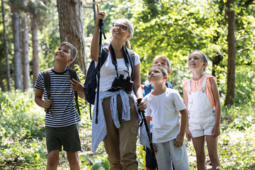 Group of children hiking in forest with they teacher. They're learning about nature and wildlife.	
