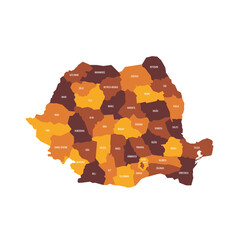Romania political map of administrative divisions - counties and autonomous municipality of Bucharest. Flat vector map with name labels. Brown - orange color scheme.