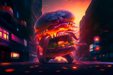 Burger monster realistic illustration, Generative AI