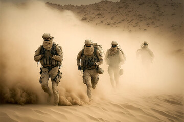 Special forces soldiers on patrol in the dusty desert environment, Generative ai.