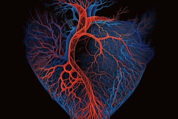 Representation of circulation of blood with bright red and blue veins and arteries, concept of Vascular System and Circulatory System, created with Generative AI technology