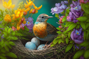 A Mother's Love in Bloom: A Beautiful Bird Guards Her Eggs in a Springtime Nest Surrounded by Flowers