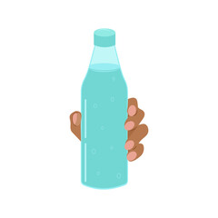 The hand holds a bottle of drinking water. Vector flat illustration on a white background. Design of advertising, banner, poster.