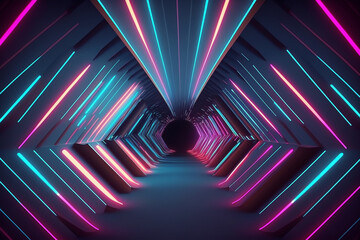 Obraz premium Abstract neon lights tunel background with pink and blue laser rays, glowing lines, 3d render, for graphic design or wallpaper