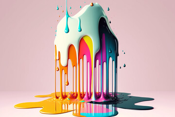 Surrealism paint drips and bloops with colorful soft pastel color on pink background. Generative AI illustration