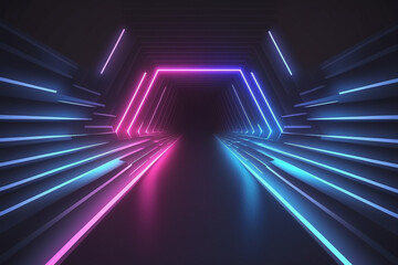 Abstract neon lights tunel background with pink and blue laser rays, glowing lines, 3d render, for graphic design or wallpaper