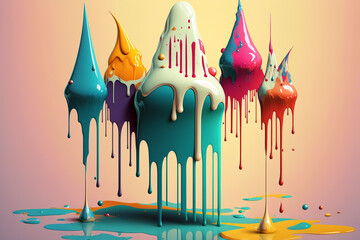 Surrealism paint drips and bloops with colorful soft pastel color on gradient background. Generative AI illustration