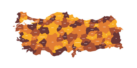 Turkey political map of administrative divisions - provinces. Flat vector map with name labels. Brown - orange color scheme.