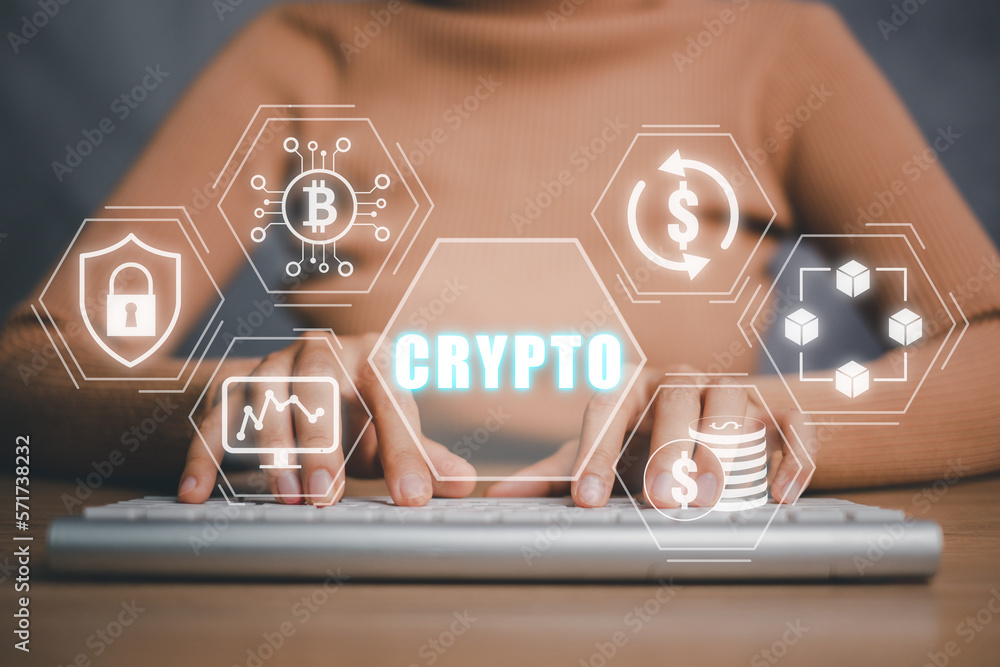 Poster cryptocurrency concept, person hand typing on keyboard computer with cryptocurrency icon on virtual 