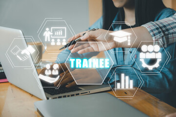 Trainee program and apprenticeship on the Job Training Concept, Business team using laptop computer with trainee icon on virtual screen background, training, mentor, support.