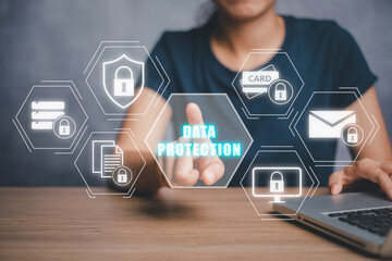 Data protection privacy concept, Business woman protecting data personal information on virtual...