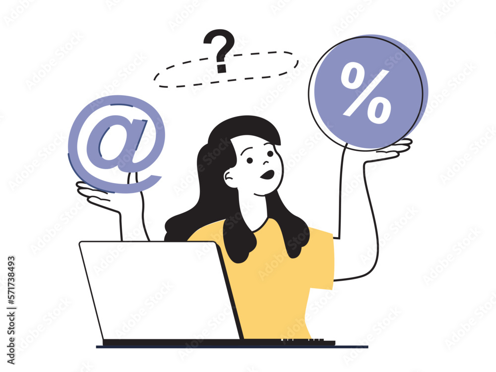 Aufkleber digital marketing concept with character situation. woman using different marketing tools, makes adv