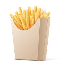 French fries. Potatoes in paper box. Snack fast food takeaway. Popular roasted chips sticks cardboard packing, isolated on white transparent background. Vector illustration