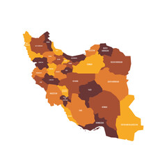 Iran political map of administrative divisions - provinces. Flat vector map with name labels. Brown - orange color scheme.