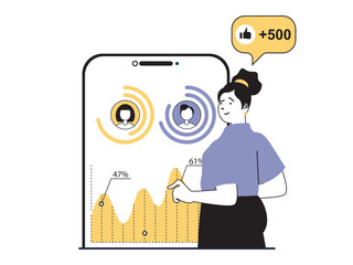Digital marketing concept with character situation. Woman analyzes data and business audience growth, creates advertising promo content. Vector illustrations with people scene in flat design for web