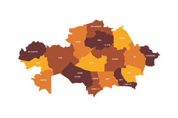 Kazakhstan political map of administrative divisions - regions and cities with region rights and city of republic significance Baikonur. Flat vector map with name labels. Brown - orange color scheme.