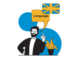 Education concept with character situation. Teacher explaining lesson in language course in classroom, giving lecture at university. Vector illustrations with people scene in flat design for web