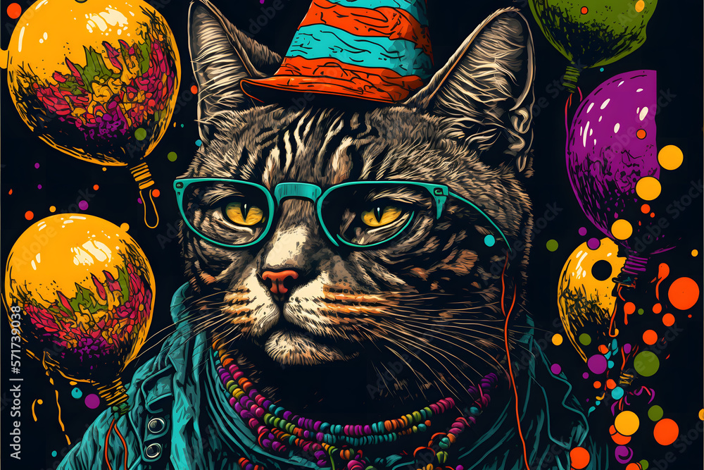 Wall mural cat on party created with generative ai technology