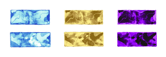 Set of vector textured buttons. Watercolor rectangles, gold bars, violet gemstones. Elements of design for game, site, ad