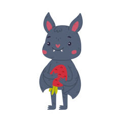 Cute friendly bat holding strawberry. Halloween symbol. Funny mascot character cartoon vector illustration