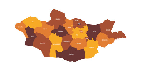Mongolia political map of administrative divisions - provinces and khot Ulaanbaatar. Flat vector map with name labels. Brown - orange color scheme.