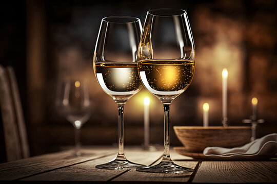 Couple glassess of the champagne or white wine are placed on wooden table in restaurant background.  image.