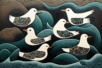 Seagulls, terns, illustration - obrazy, fototapety, plakaty
