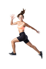 Portrait of a girl running. Female runner isolated on white background.