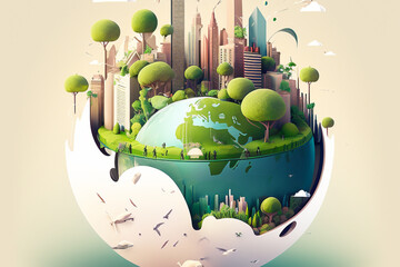 isometric image of a city with green energy, windmills, solar panels, sustainable ecology smart city concept, illustration vector style