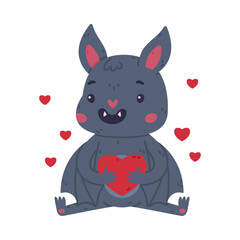 Cute funny baby bat character sitting with red heart. Halloween symbol cartoon vector illustration
