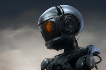 Portrait of robot on gray background. Modern cyborg technology. Generative AI	