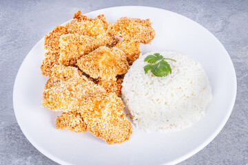 Delicious Fried Chicken in a white porcelain dish with rice and coriander detail. Marbled background. Front view