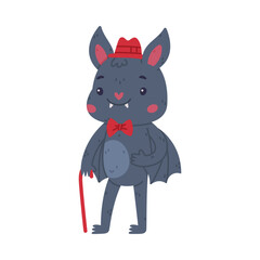 Cute bat dressed red hat and bow tie standing with walking cane. Halloween symbol. Funny mascot character cartoon vector illustration