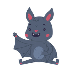Cute happy bat sitting and waving its paw. Halloween symbol. Funny mascot character cartoon vector illustration